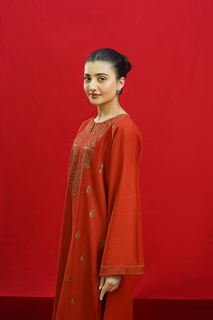 URGE-3PC DHANAK EMBROIDERED SHIRT WITH COUTURE PRINTED SHAWL & EMB TROUSER-W.J-1198
