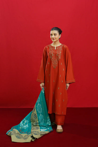 URGE-3PC DHANAK EMBROIDERED SHIRT WITH COUTURE PRINTED SHAWL & EMB TROUSER-W.J-1198