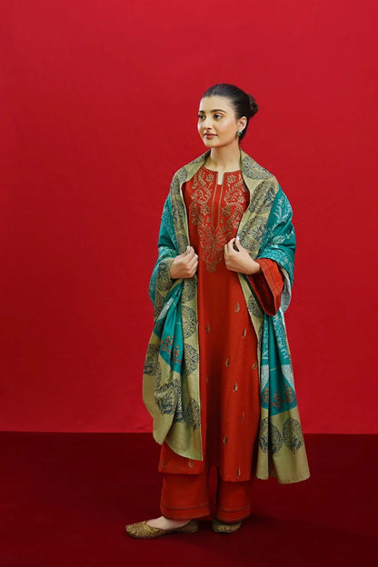 URGE-3PC DHANAK EMBROIDERED SHIRT WITH COUTURE PRINTED SHAWL & EMB TROUSER-W.J-1198