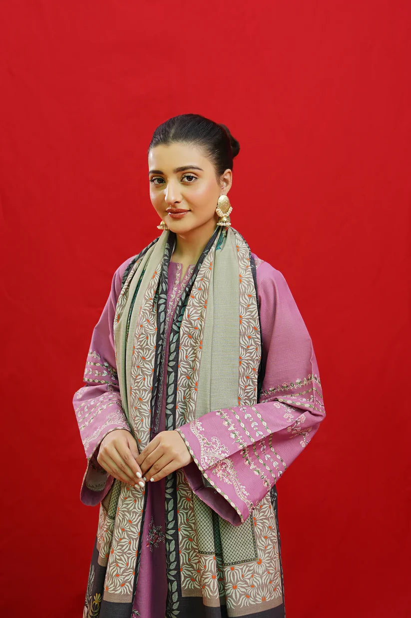 URGE-3PC KHADDAR EMBROIDRED SHIRT WITH WOOL PRINTED SHAWL & EMB TROUSER-W.J-1331