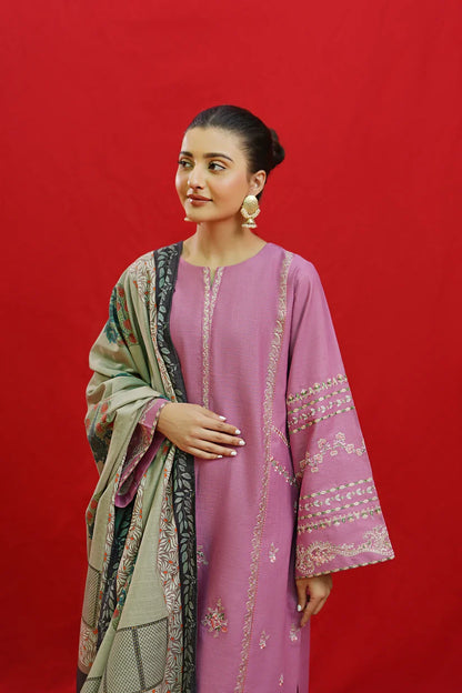 URGE-3PC KHADDAR EMBROIDRED SHIRT WITH WOOL PRINTED SHAWL & EMB TROUSER-W.J-1331