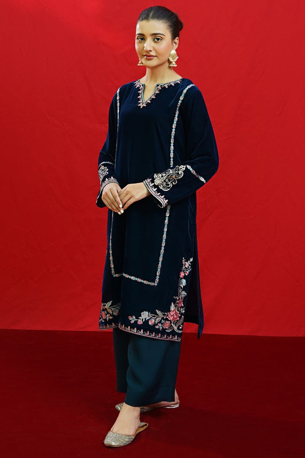 URGE -2PC Velvet Heavy Embroidered Shirt With Velvet Embroidered Sleeves-D23-W.J-1428