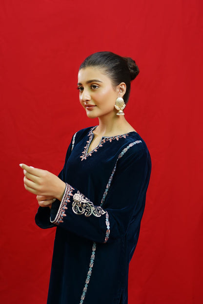 URGE -2PC Velvet Heavy Embroidered Shirt With Velvet Embroidered Sleeves-D23-W.J-1428