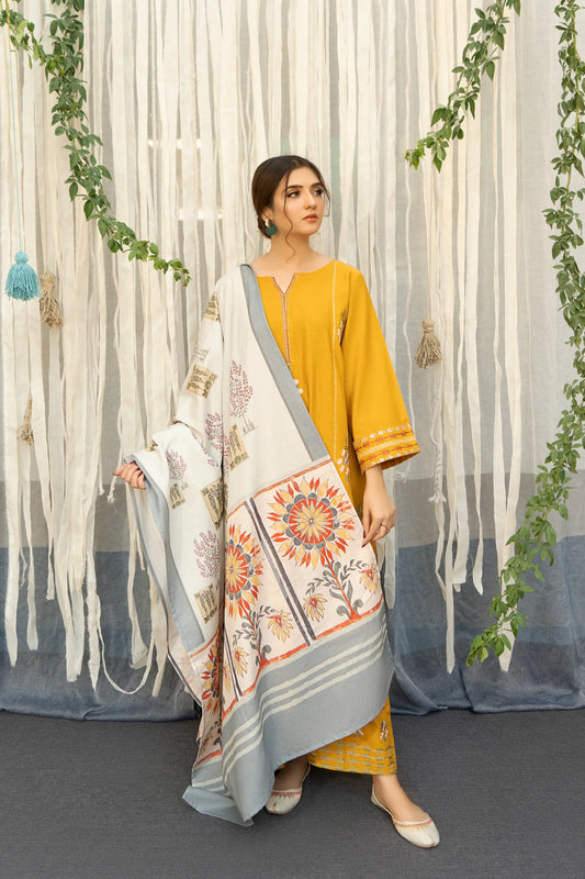 URGE- 3PC DHANAK EMBROIDERED WITH WOOL PRINT SHAWL-W.J-1185