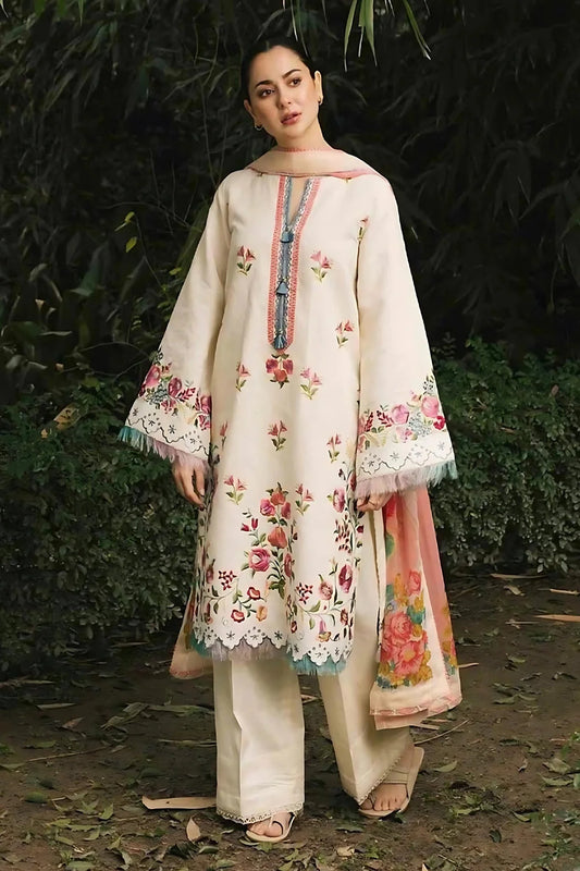 ZAHRA SHAHJAHAN- 3PC DHANK EMBROIDERED SHIRT WITH COUTURE WOOL SHAWL-W.J-1127