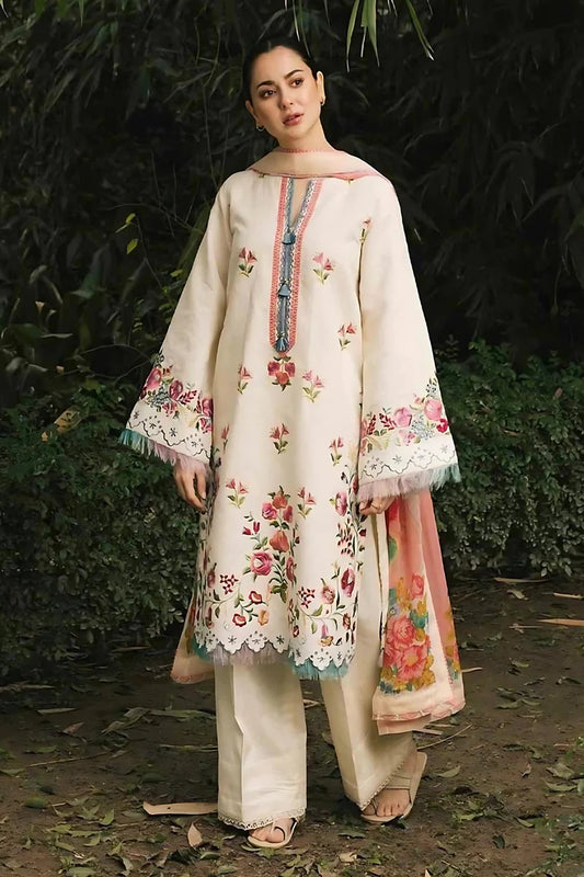 ZARASHAHJAHAN- 3PC DHANK EMBROIDERED SHIRT WITH COUTRAI WOOL SHAWL & TROUSER-W.J-1797