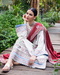 MUSHQ-3PC DHANAK EMBROIDERED SHIRT WITH DHANAK EMBROIDERED SHAWL AND TROUSER-W.J-4418