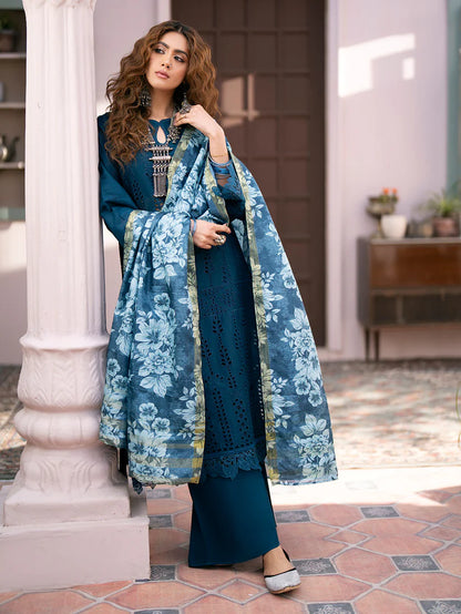 QALAMKAR - 3PC LAWN CHIKANKAARI EMBROIDERED SHIRT WITH PRINTED DUPATTA AND TROUSER-W.J-1407