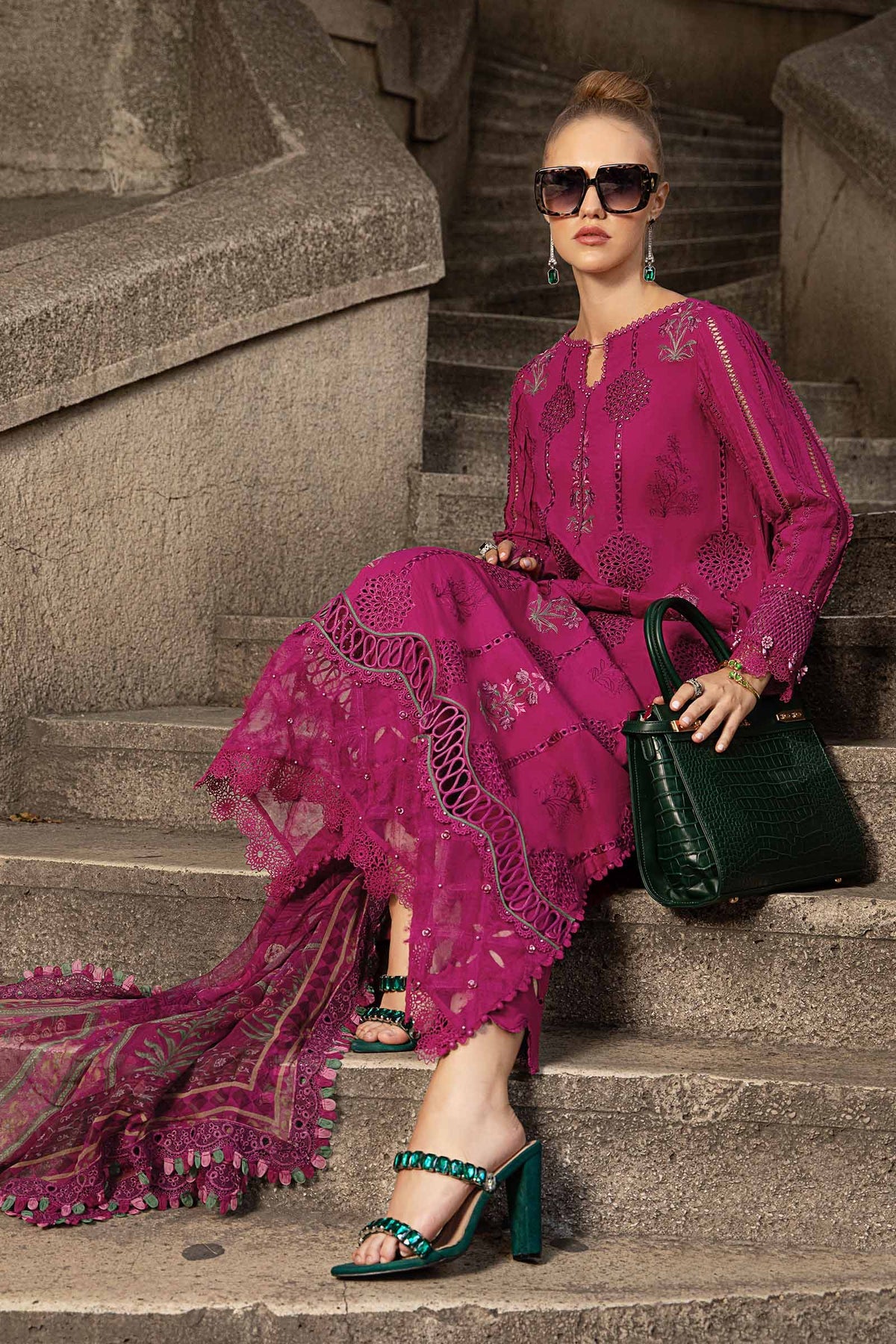 MARIA B- 3PC DHANAK EMBROIDERED SHIRT WITH WOOL PRINT SHAWL AND TROUSER-W-J-1006