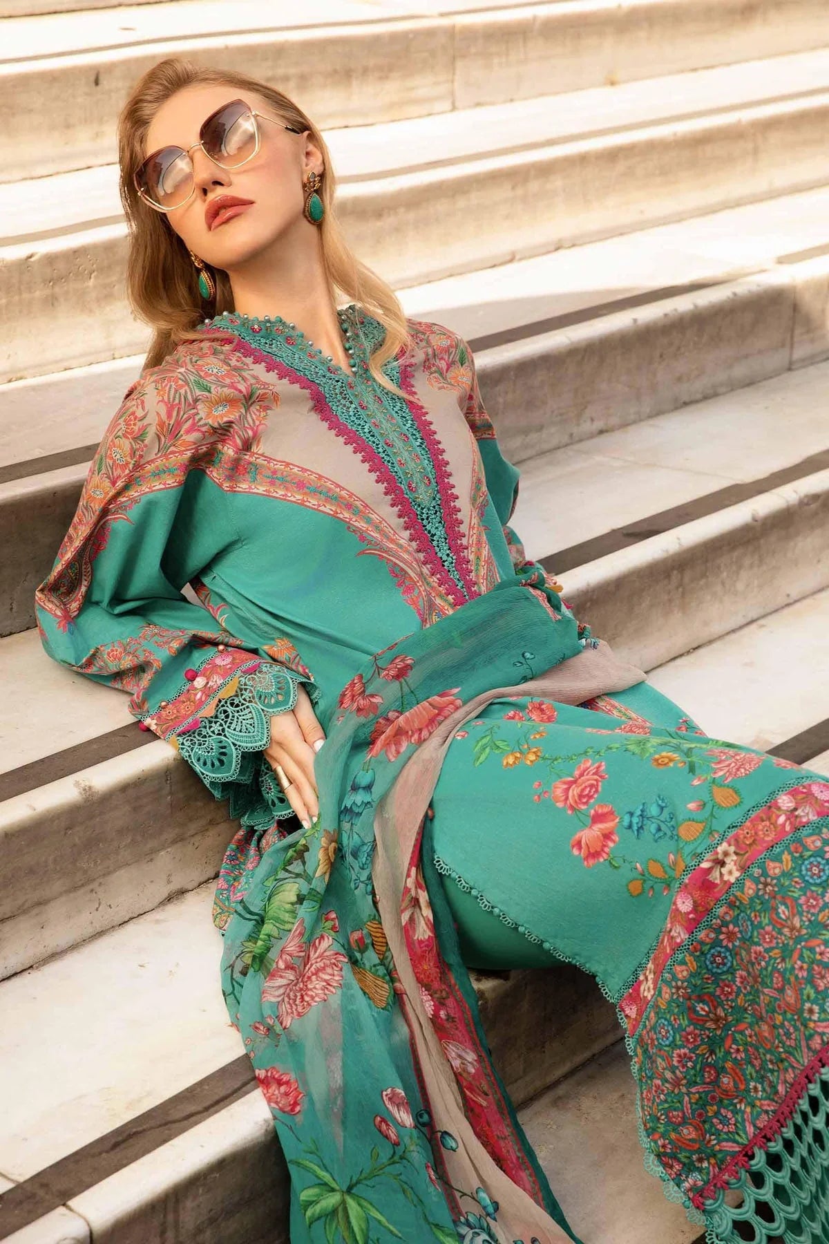 MARIA B- 3PC KARANDI PRINTED EMBROIDERED SHIRT WITH KARANDI PRINTED SHAWL AND KARANDI PRINTED TROUSER-W.J-1293