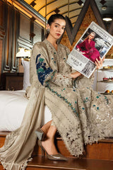 MARIA.B-3PC KHADDAR LASERWORK EMBROIDERED SHIRT WITH COURTRAI PRINTED SHAWL AND TROUSER-W.J-5192