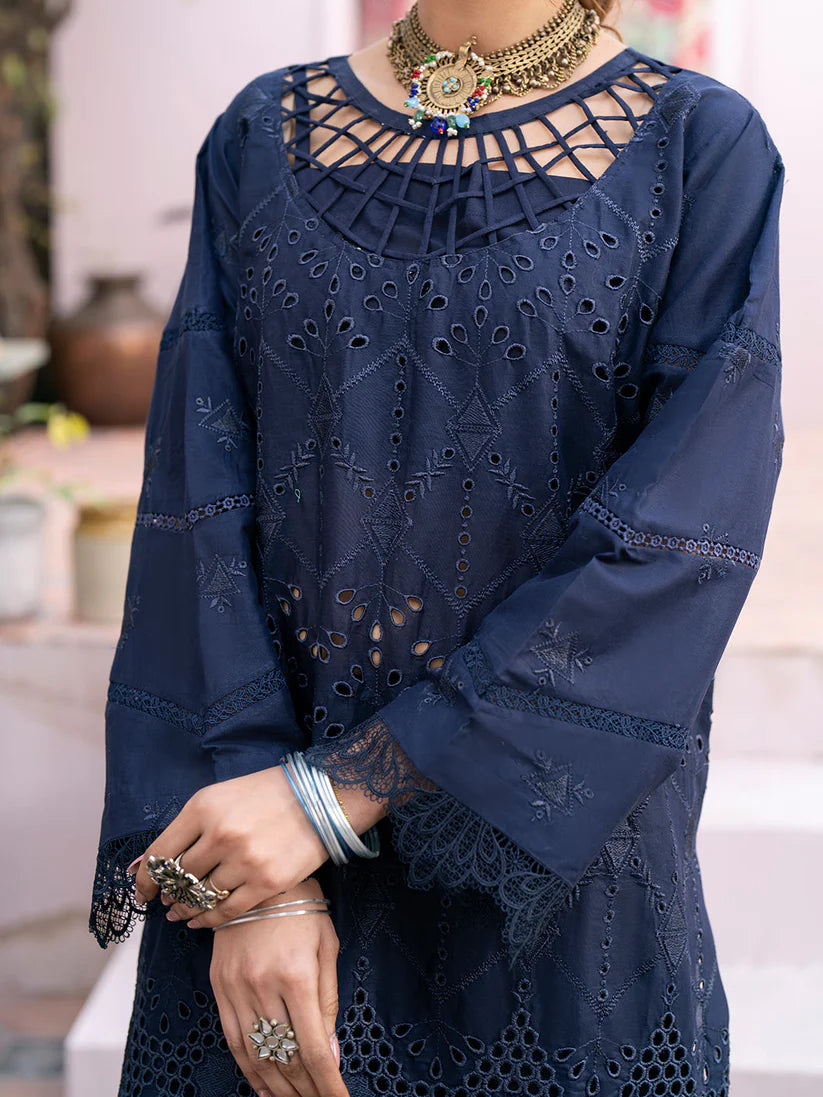 QALAMKAR - 3PC LAWN CHIKANKAARI EMBROIDERED SHIRT WITH PRINTED DUPATTA AND TROUSER-W.J-1408