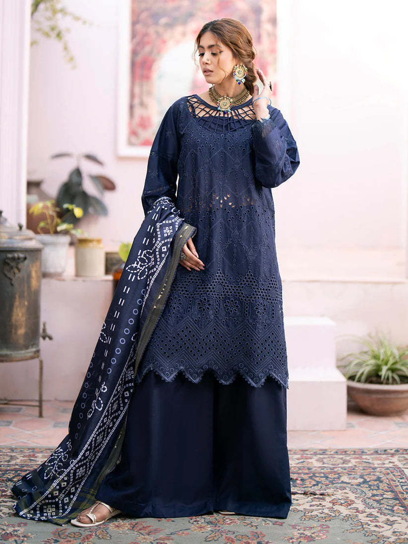 QALAMKAR - 3PC LAWN CHIKANKAARI EMBROIDERED SHIRT WITH PRINTED DUPATTA AND TROUSER-W.J-1408