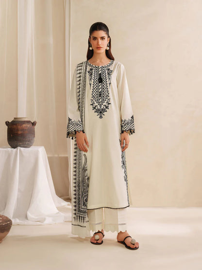 GARNET-3PC KHADDAR EMBROIDERED SHIRT WITH COURTRAI PRINTED SHAWL AND TROUSER-W.J-2028