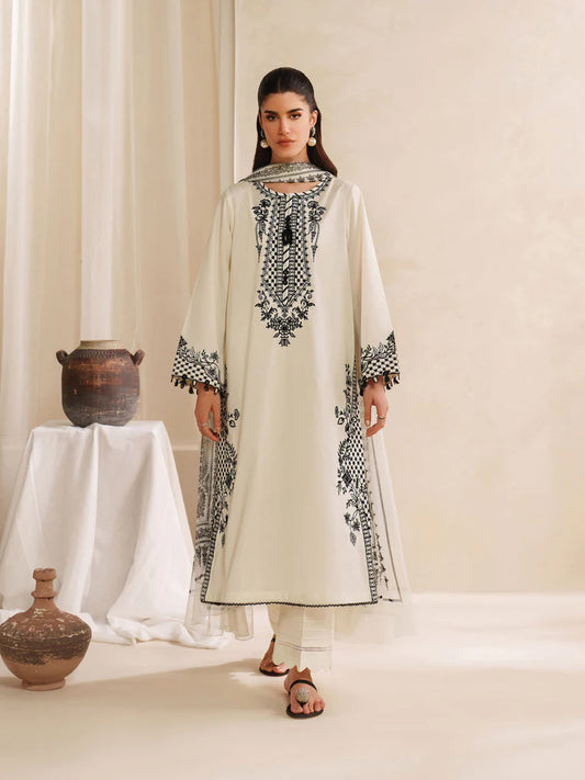 GARNET-3PC KHADDAR EMBROIDERED SHIRT WITH COURTRAI PRINTED SHAWL AND TROUSER-W.J-2028