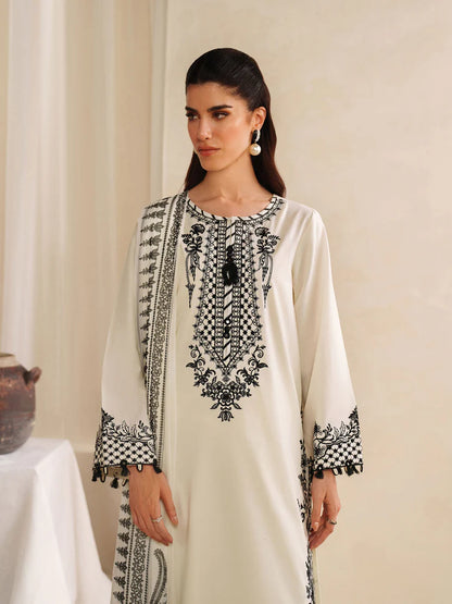 GARNET-3PC KHADDAR EMBROIDERED SHIRT WITH COURTRAI PRINTED SHAWL AND TROUSER-W.J-2028