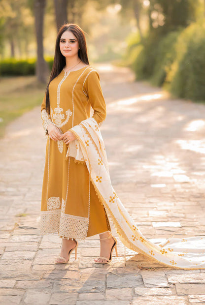 LIBAAS-3PC DHANAK EMBROIDERED SHIRT WITH COURTRAI WOOL PRINTED SHAWL AND TROUSER-W.J-1956