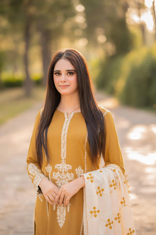 LIBAAS-3PC DHANAK EMBROIDERED SHIRT WITH COURTRAI WOOL PRINTED SHAWL AND TROUSER-W.J-1956