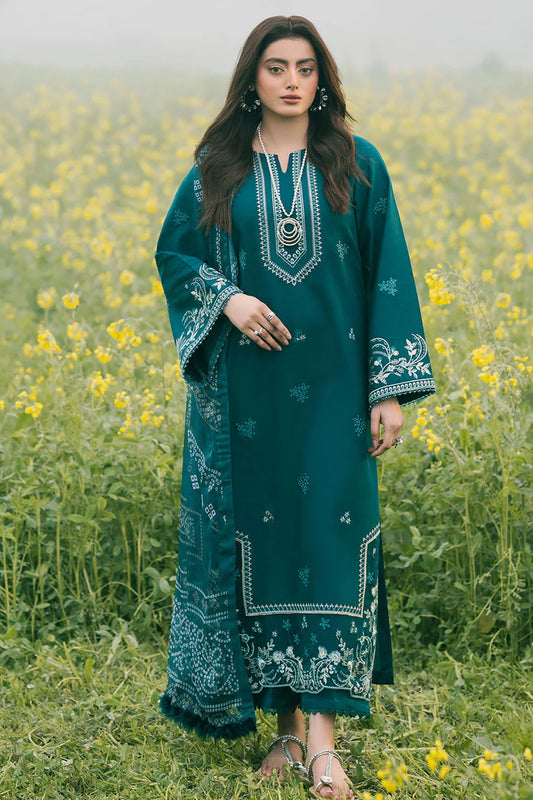 IZEL-3PC DHANAK EMBROIDERED SHIRT WITH COURTRAI PRINTED SHAWL AND TROUSER-W.J-1669