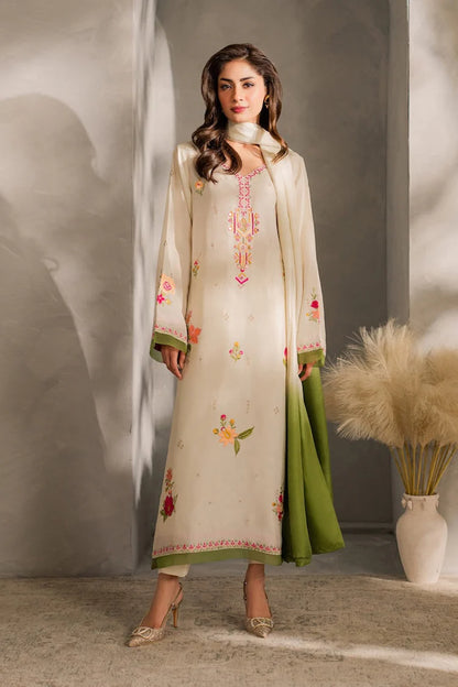 VINTAGE-3PC DHANAK EMBROIDERED SHIRT WITH BAMBER CHIFFON DUPATTA AND TROUSER-W.J-1981