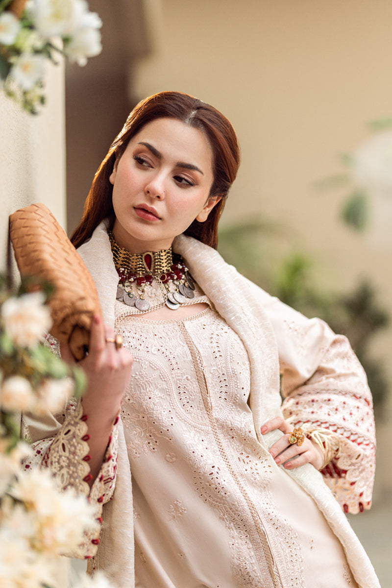 QALAMQAR-3PC CHIKANKAARI LAWN CUTWORK EMBROIDERED SHIRT WITH MANAAR EMBROIDERED CUTWORK DUPATTA AND TROUSER-W.J-1586