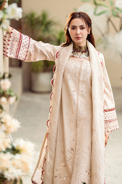 QALAMQAR-3PC CHIKANKAARI LAWN CUTWORK EMBROIDERED SHIRT WITH MANAAR EMBROIDERED CUTWORK DUPATTA AND TROUSER-W.J-1586