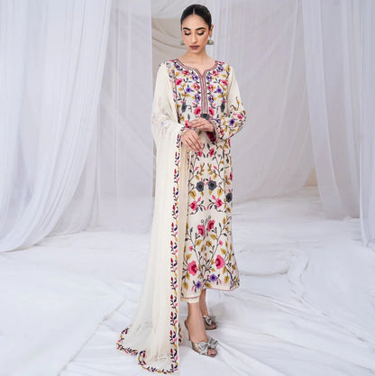 SAPPHIRE-3PC DHANAK EMBROIDERED SHIRT WITH BAMBER CHIFFON EMBROIDERED DUPATTA & TROUSER-W.J-1991