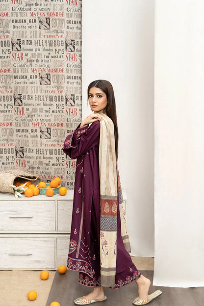 URGE- 3PC DHANAK EMBROIDERED SHIRT WITH COUTURE PRINT SHAWL AND EMB TROUSER-W.J-1001