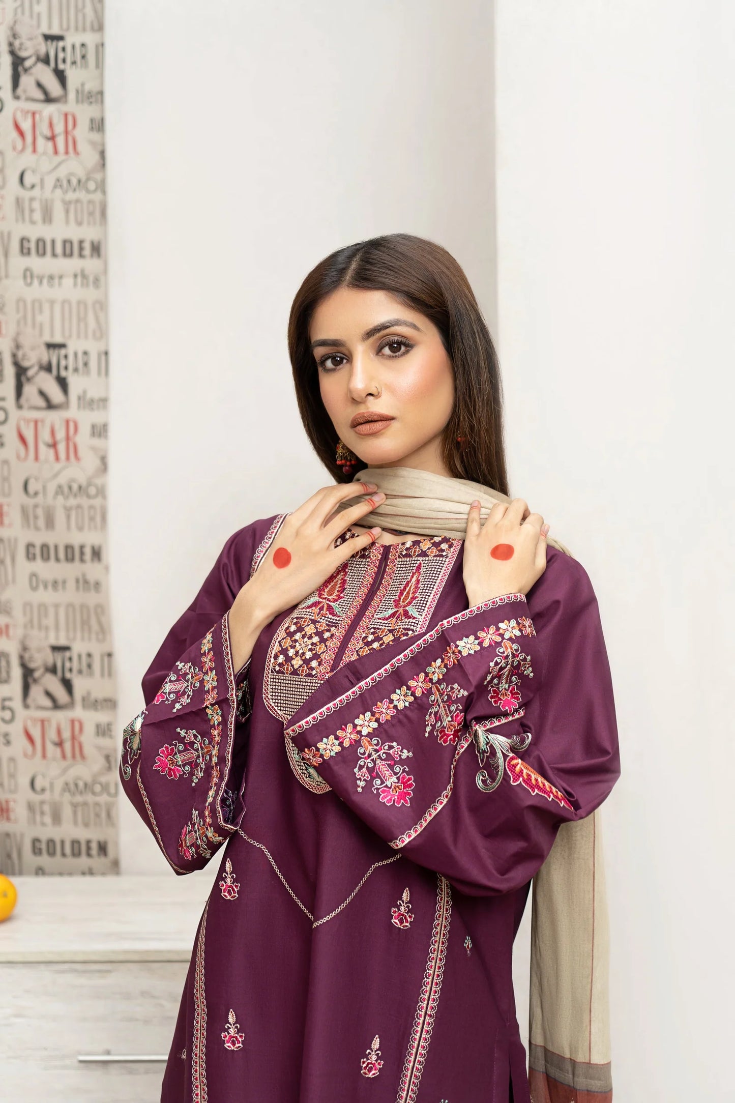 URGE- 3PC DHANAK EMBROIDERED SHIRT WITH COUTURE PRINT SHAWL AND EMB TROUSER-W.J-1001