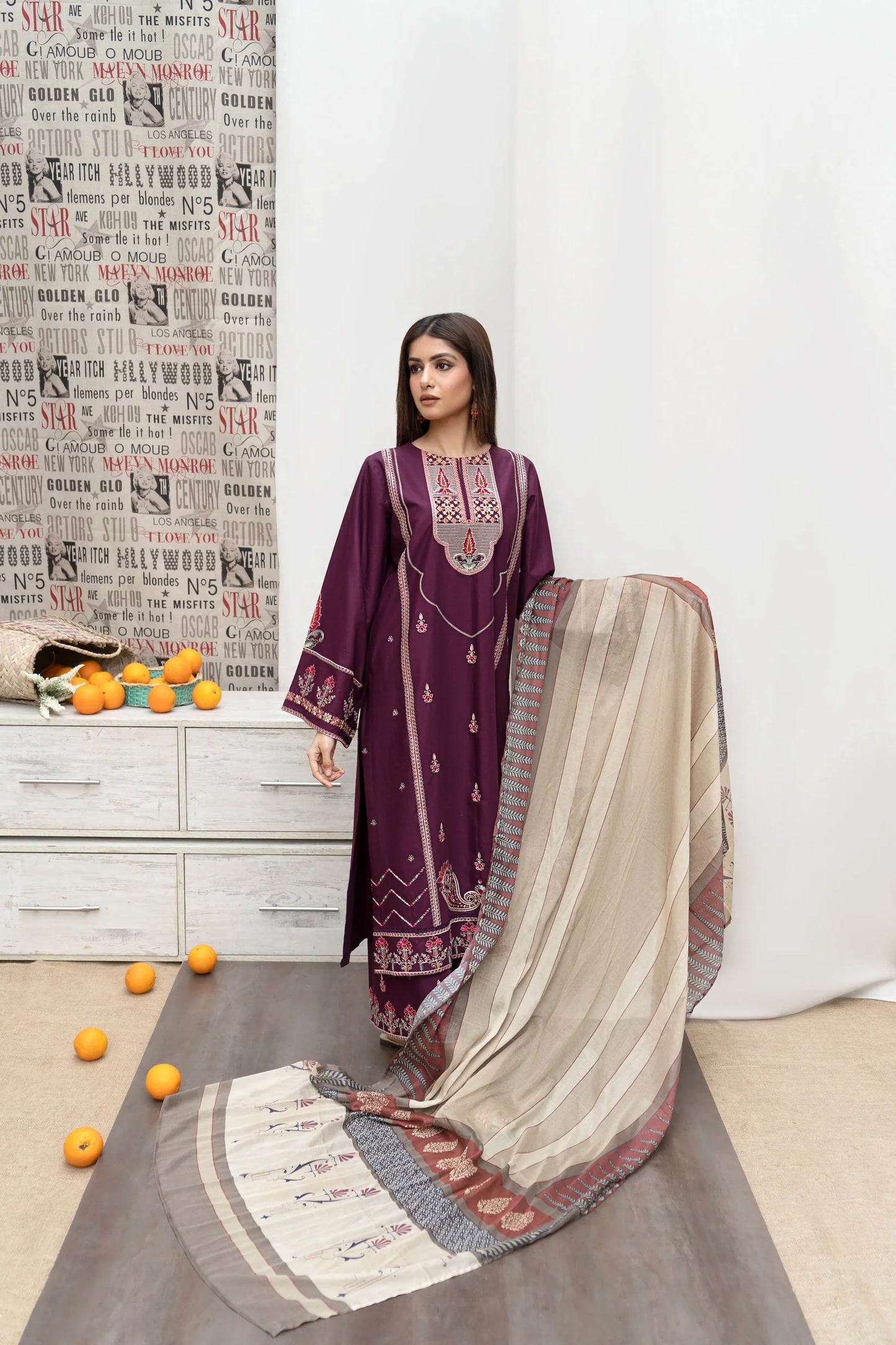 URGE- 3PC DHANAK EMBROIDERED SHIRT WITH COUTURE PRINT SHAWL AND EMB TROUSER-W.J-1001