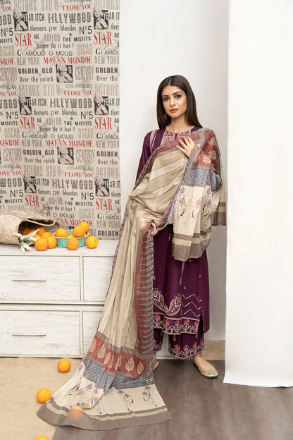 URGE- 3PC DHANAK EMBROIDERED SHIRT WITH COUTURE PRINT SHAWL AND EMB TROUSER-W.J-1001