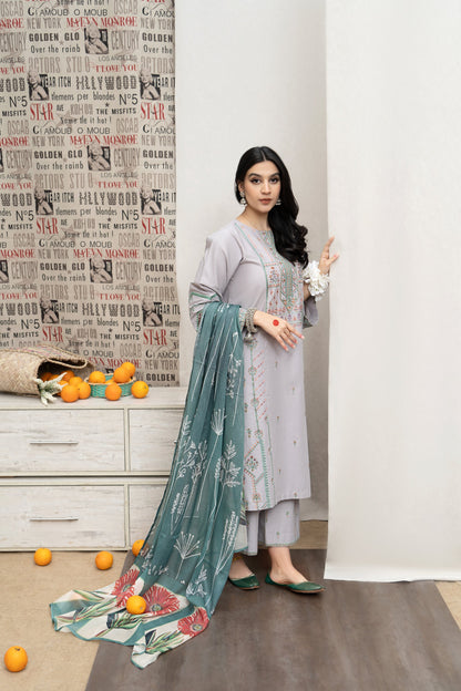 URGE - 3PC DHANAK EMBROIDERED SHIRT WITH COUTUTRE PRINTED SHAWL & EMB TROUSER-W.J-1084