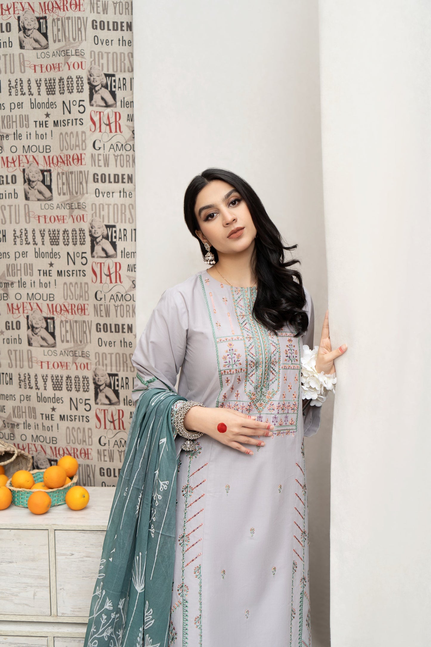 URGE - 3PC DHANAK EMBROIDERED SHIRT WITH COUTUTRE PRINTED SHAWL & EMB TROUSER-W.J-1084