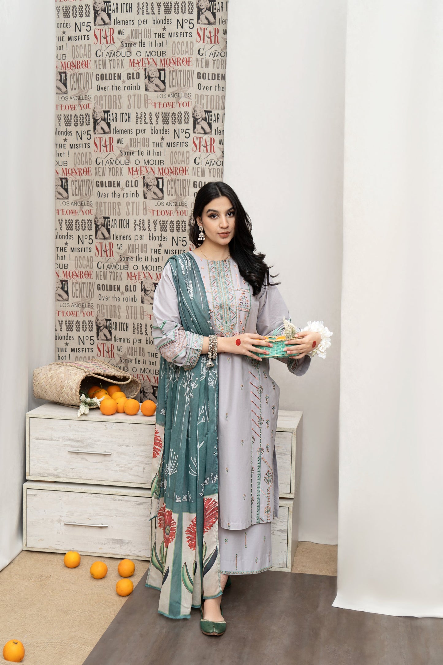 URGE - 3PC DHANAK EMBROIDERED SHIRT WITH COUTUTRE PRINTED SHAWL & EMB TROUSER-W.J-1084