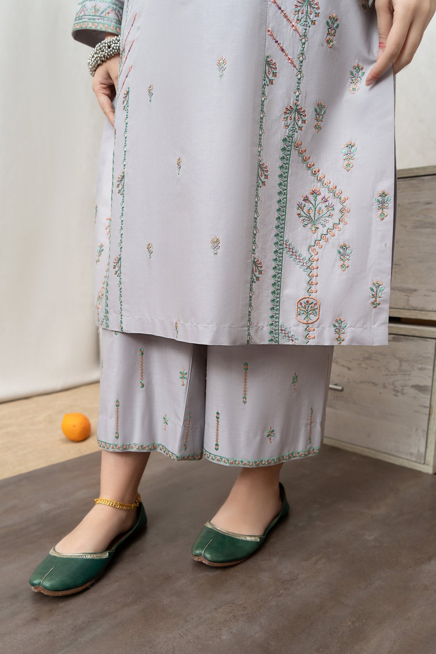 URGE - 3PC DHANAK EMBROIDERED SHIRT WITH COUTUTRE PRINTED SHAWL & EMB TROUSER-W.J-1084