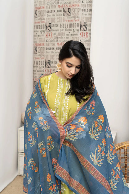 URGE- 3PC DHANAK EMBROIDERED SHIRT WITH COUTURE WOOL PRINT SHAWL AND EMB TROUSER-W.J-1180