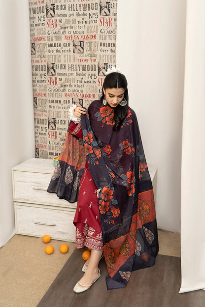 URGE - 3PC LAWN EMBROIDERED SHIRT WITH MONARK PRINTED DUPATTA AND EMB TROUSER-W.J-1494