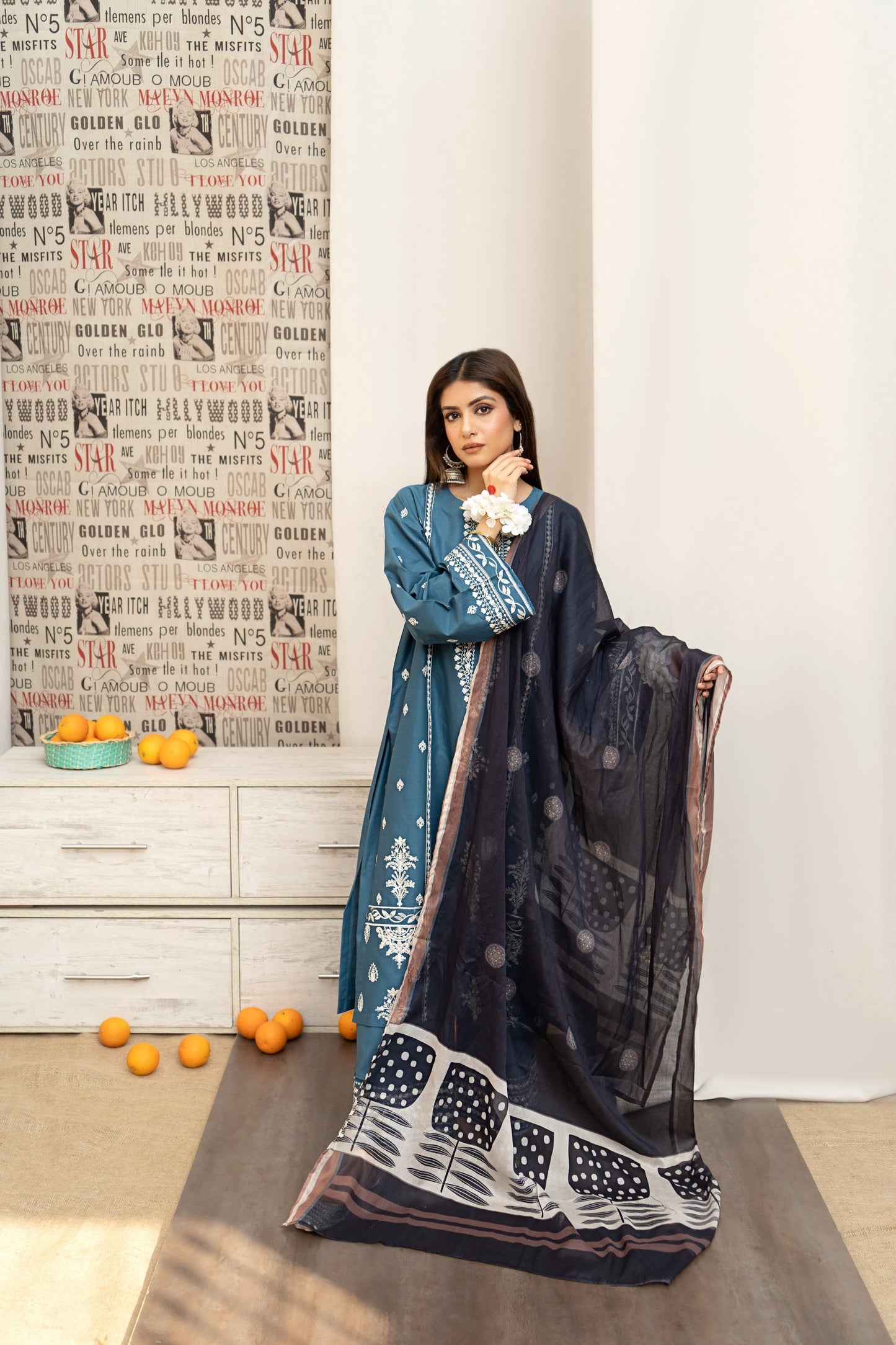 URGE- 3PC LAWN EMBROIDERED SHIRT WITH DIAMOND PRINTED DUPATTA AND EMB TROUSER-BLUE-W.J-1468