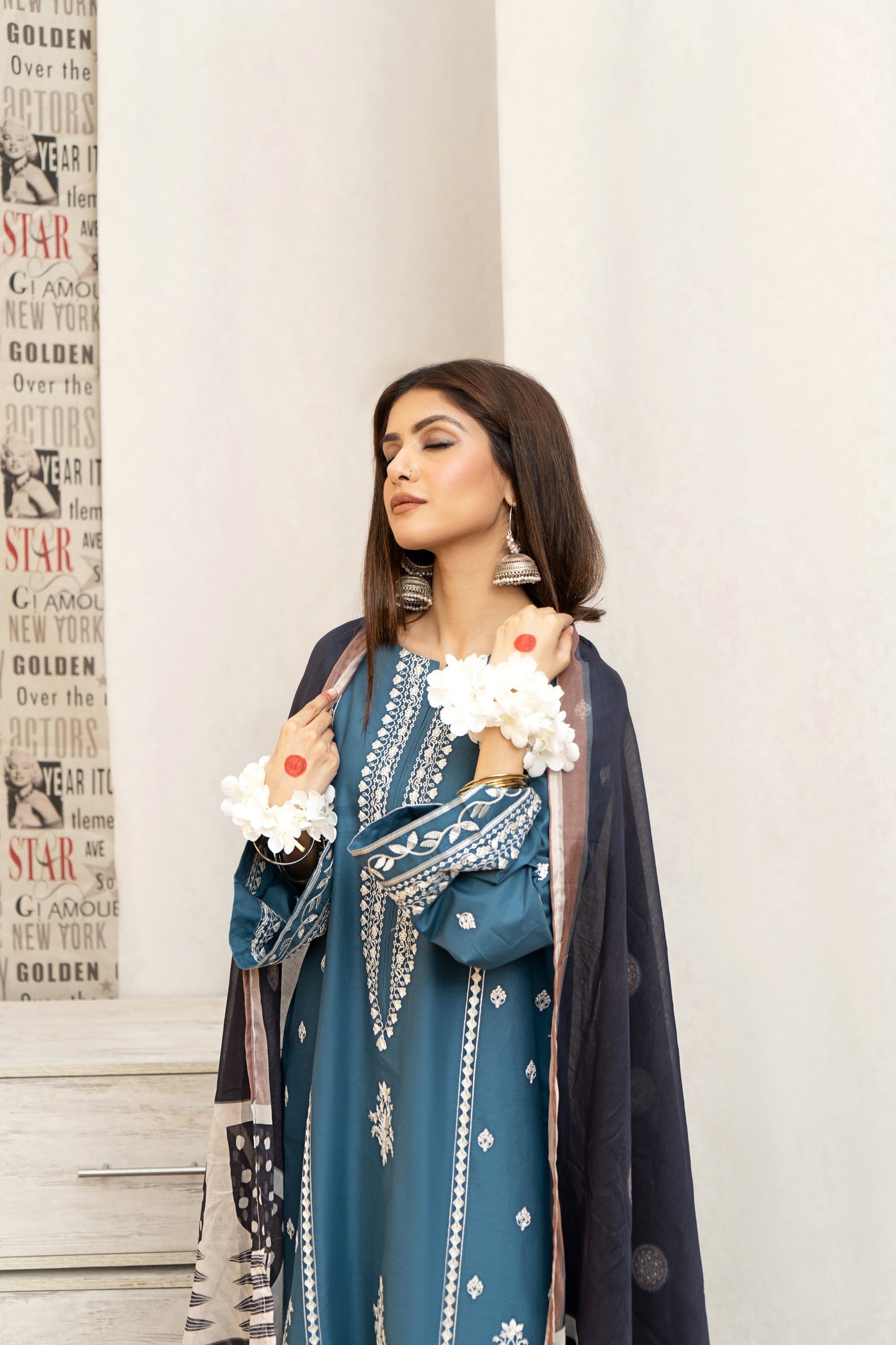 URGE- 3PC LAWN EMBROIDERED SHIRT WITH DIAMOND PRINTED DUPATTA AND EMB TROUSER-BLUE-W.J-1468