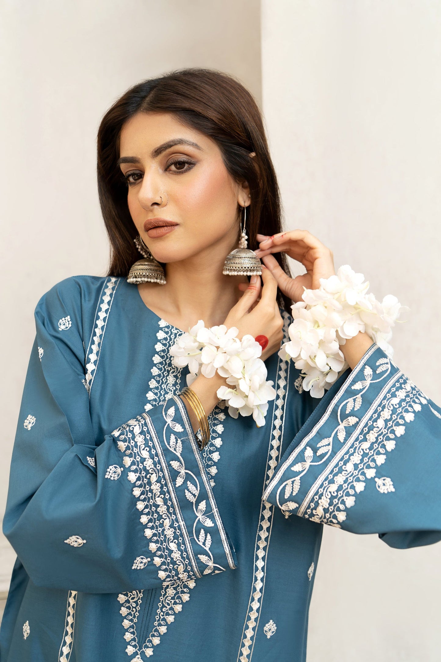 URGE- 3PC LAWN EMBROIDERED SHIRT WITH DIAMOND PRINTED DUPATTA AND EMB TROUSER-BLUE-W.J-1468