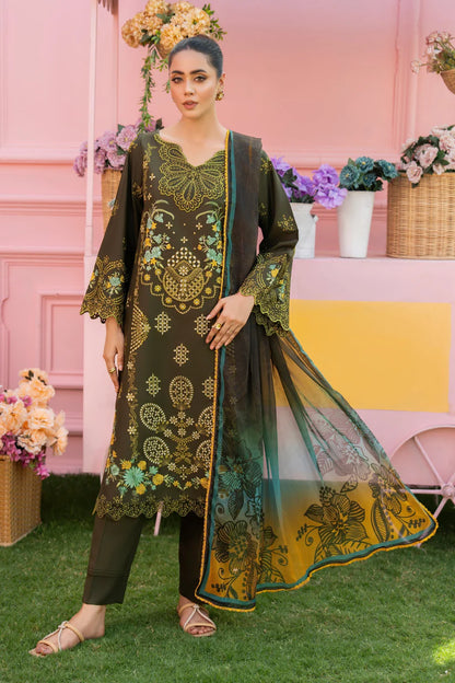 MIRAKHI - 3PC LAWN EMBROIDERED SHIRT WITH CHIFFON PRINTED DUPATTA AND TROUSER -W.J-1766