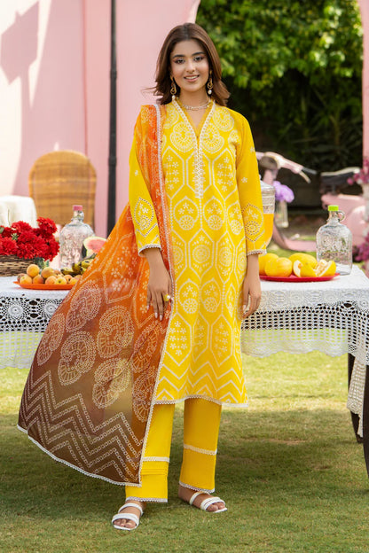 MIRAKHI - 3PC LAWN EMBROIDERED SHIRT WITH CHIFFON PRINTED DUPATTA AND TROUSER -W.J-1768