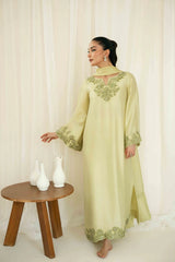 KAIDA-3PC-RAW SILK HAND EMBELLISHED SHIRT EMBROIDERED SOFT SILK DUPATTA AND RAW SILK TROUSER-W.J-5142