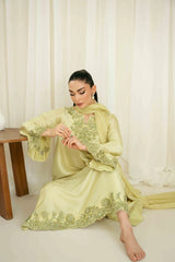 KAIDA-3PC-RAW SILK HAND EMBELLISHED SHIRT EMBROIDERED SOFT SILK DUPATTA AND RAW SILK TROUSER-W.J-5142