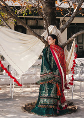 HUSSAIN REHAR-3PC DHANAK EMBROIDERED SHIRT WITH COUTRAI PRINTED SHAWL AND TROUSER-W.J-5212