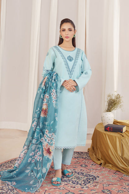 HANA- 3PC Dhanak Embroidered Shirt With Twil Print Wool Shawl & Trouser-W.J-1439