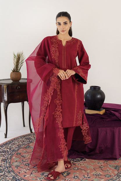 HANA- 3PC KHADAR EMBROIDERED SHIRT WITH ORGANZA EMBROIDRED DUPATTA AND TROUSER-W.J-1020