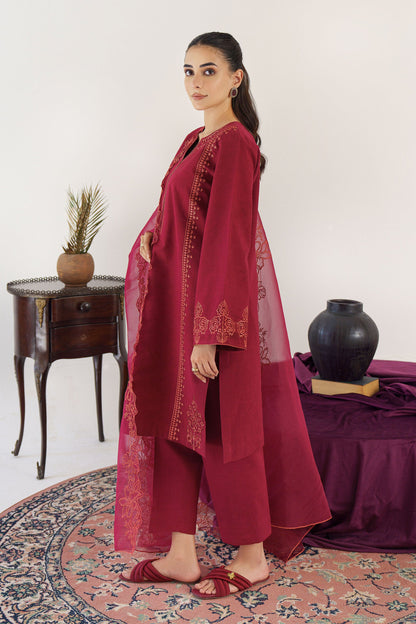 HANA- 3PC KHADAR EMBROIDERED SHIRT WITH ORGANZA EMBROIDRED DUPATTA AND TROUSER-W.J-1020