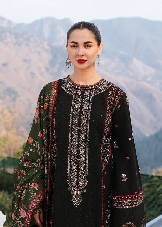 HUSSAIN REHAR-3PC KARANDI EMBROIDERED SHIRT WITH COURTRAI PRINTED SHAWL AND TROUSER-W.J-1989