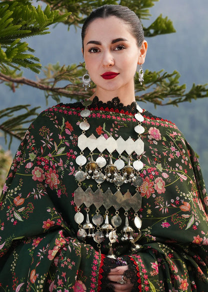 HUSSAIN REHAR-3PC KARANDI EMBROIDERED SHIRT WITH COURTRAI PRINTED SHAWL AND TROUSER-W.J-1989